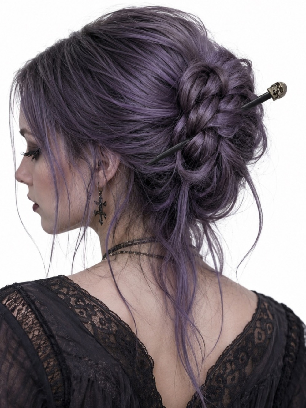 Black Wood Hair Pin with Skull handle -Hair Accessory